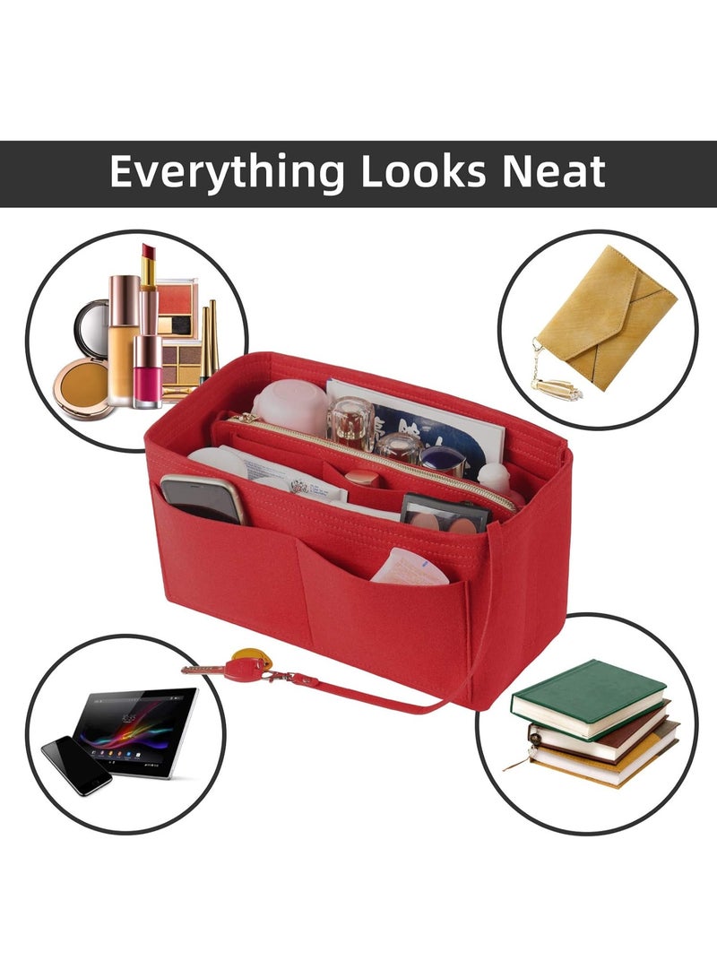 FAYET Large Felt Purse Organizer Insert with Zipper, Multi-Compartment Handbag Makeup Organizer, Travel Toiletry Storage Bag for Women(Red) - Image 4